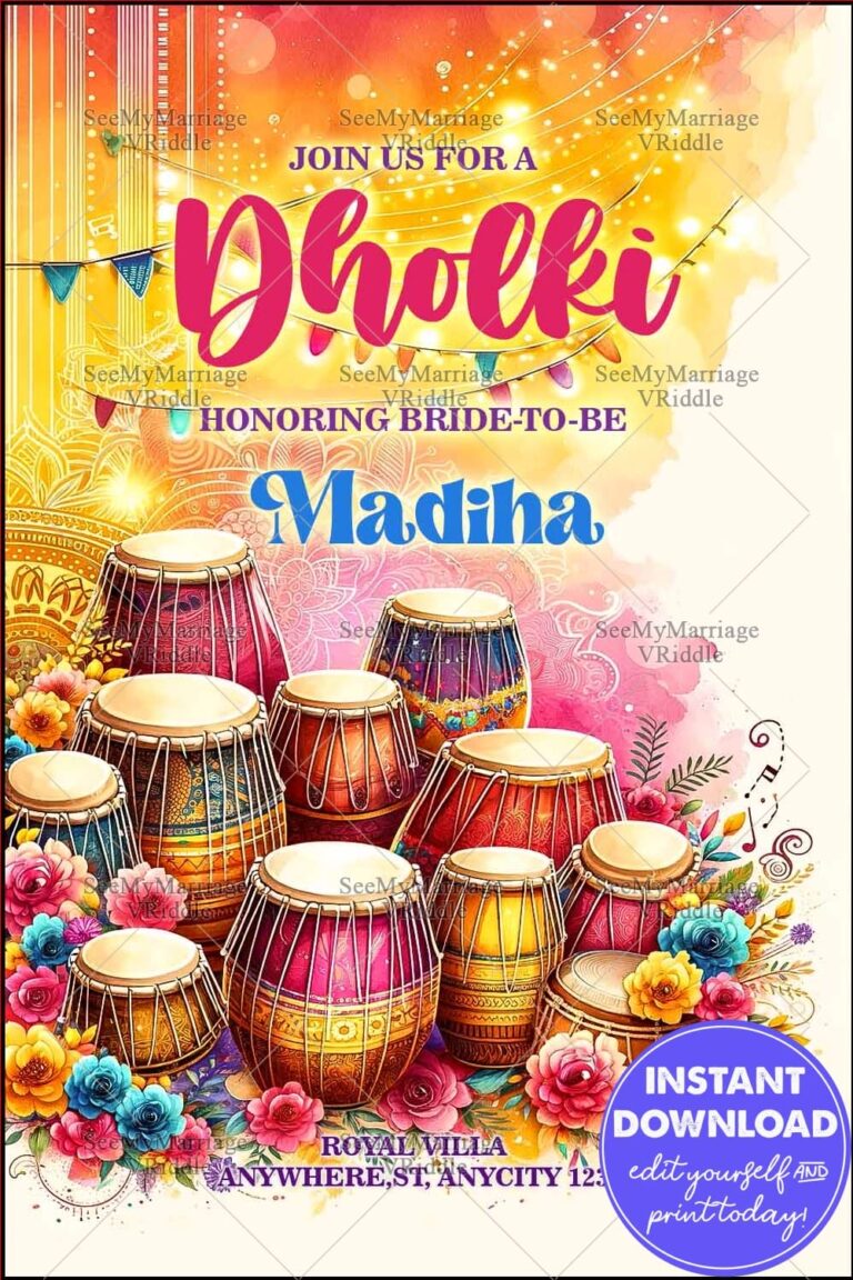 Vibrant Dholki Invitation with Colorful Dhols, Floral Motifs, and Festive Decorations