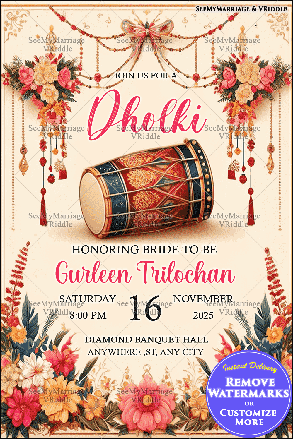 Vibrant Floral Dholki Invitation with Traditional Dhol and Festive Elements