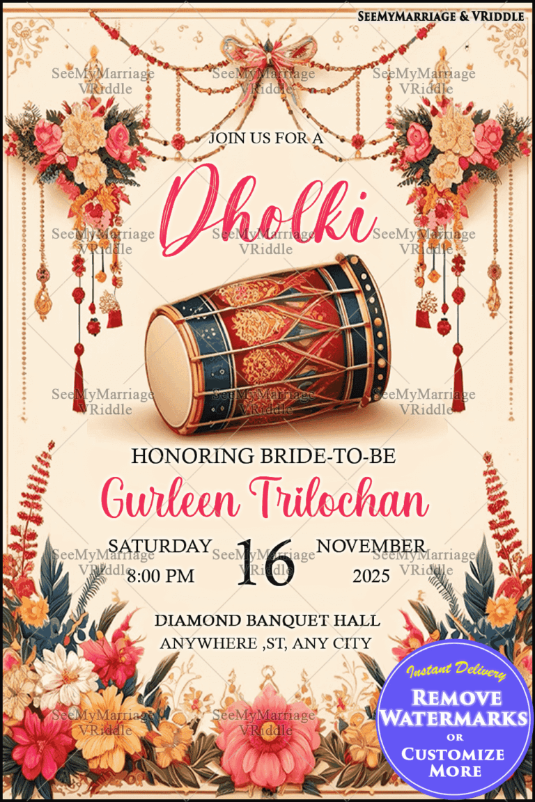 Vibrant Floral Dholki Invitation with Traditional Dhol and Festive Elements