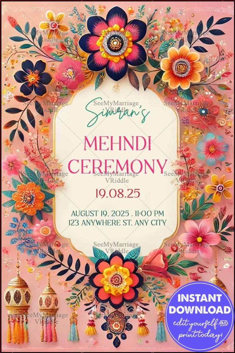 Vibrant Floral Mehndi Ceremony Announcement Poster with Golden Lanterns and Colorful Accents