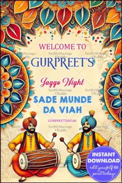 Vibrant Punjabi Jaggo Night Banner/Sign with Dhol Players and Bold Floral Motif Design