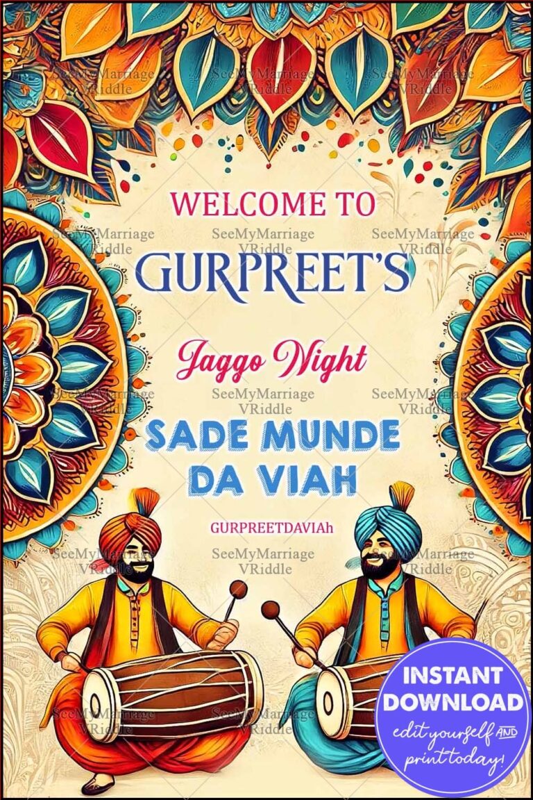 Vibrant Punjabi Jaggo Night Banner/Sign with Dhol Players and Bold Floral Motif Design