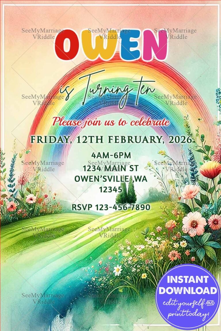 Vibrant Rainbow-Themed 10th Birthday Invitation with Floral Accents and Rolling Green Hills