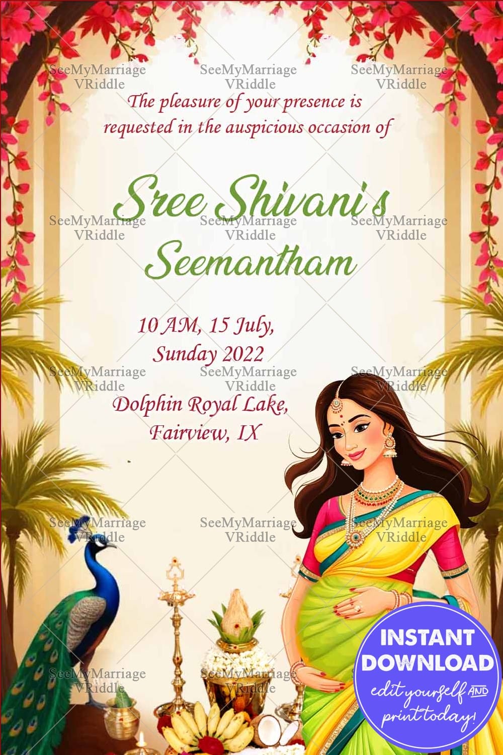 Vibrant Seemantham Invitation with Floral Motifs, Gradient Background, and Traditional Saree Illustration