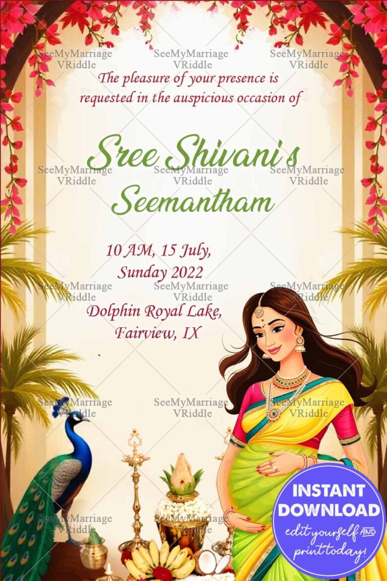 Vibrant Seemantham Invitation with Floral Motifs, Gradient Background, and Traditional Saree Illustration