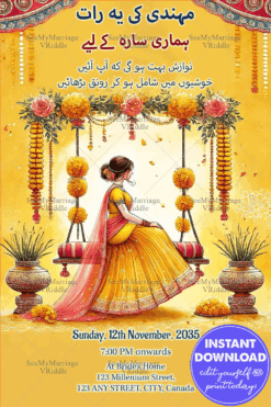 Vibrant Yellow Urdu Mehndi Invitation with Traditional Decor, Floral Garlands, and Festive Indian Aesthetics
