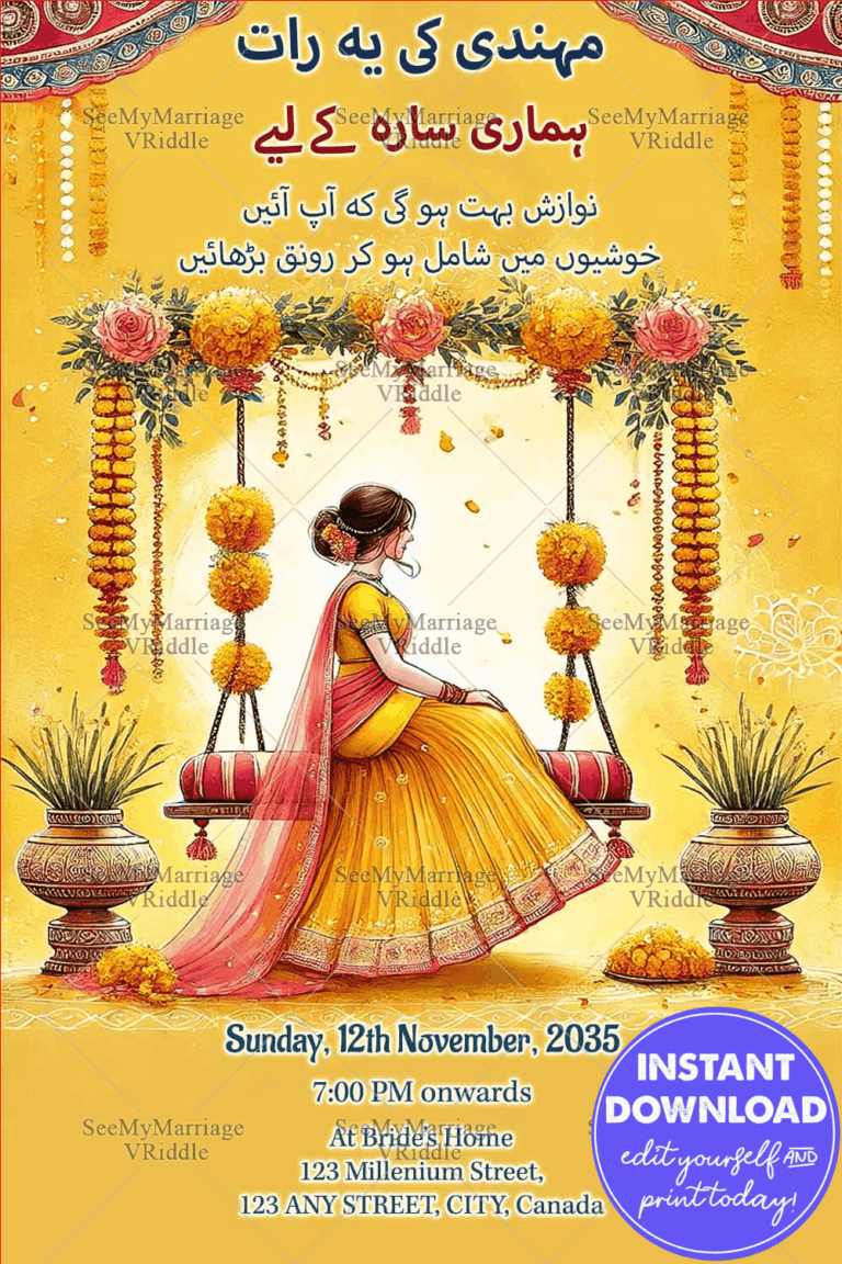 Vibrant Yellow Urdu Mehndi Invitation with Traditional Decor, Floral Garlands, and Festive Indian Aesthetics