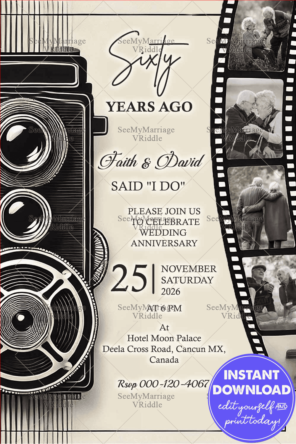 Vintage 60th Wedding Anniversary Invitation with Retro Camera Design and Film Strip Memories