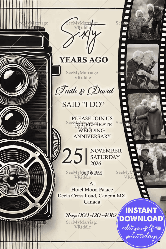 Vintage 60th Wedding Anniversary Invitation with Retro Camera Design and Film Strip Memories