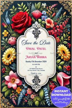 Vintage-Inspired Save the Date Card with Vibrant Floral Frame and Gold-Accented Central Text