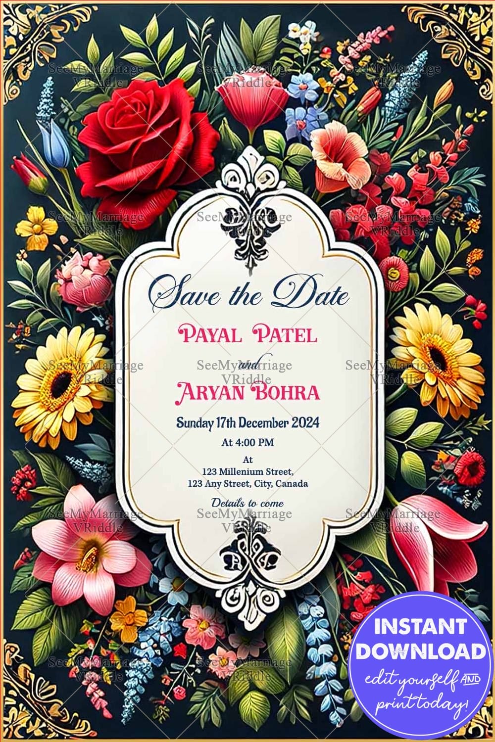 Vintage-Inspired Save the Date Card with Vibrant Floral Frame and Gold-Accented Central Text