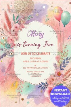 Watercolor Floral-Themed 5th Birthday Invitation with Balloons, Glitter Details and Pastel Accents