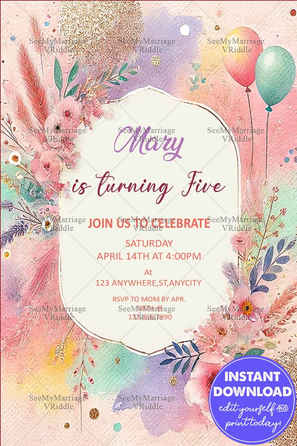 Watercolor Floral-Themed 5th Birthday Invitation with Balloons, Glitter Details and Pastel Accents