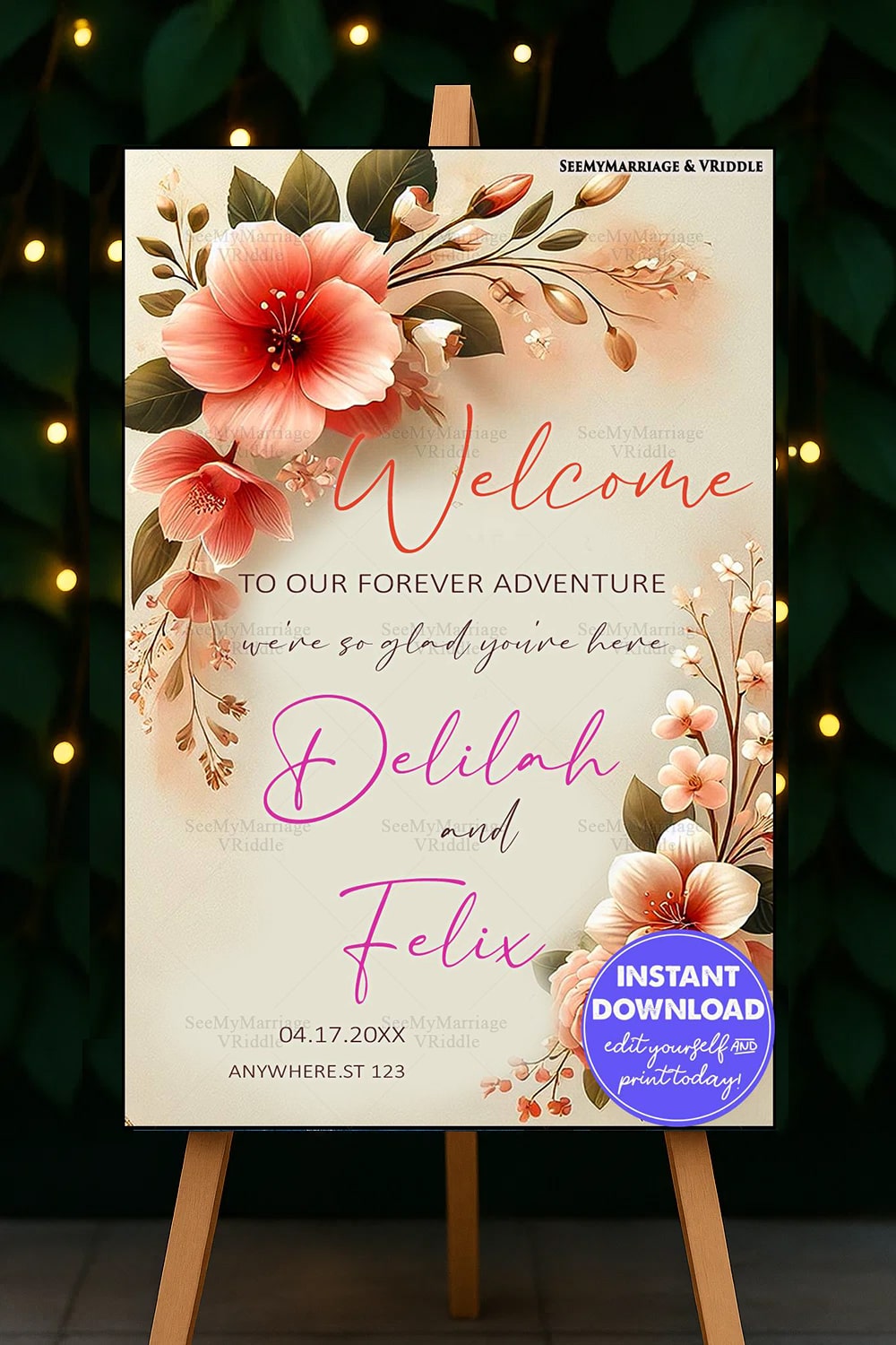 Floral Wedding Welcome Invitation Banner with Vibrant Pink and Peach Blooms for a Romantic Celebration