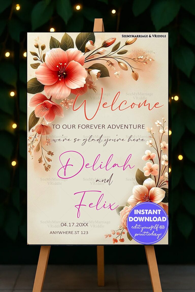 Floral Wedding Welcome Invitation Banner with Vibrant Pink and Peach Blooms for a Romantic Celebration