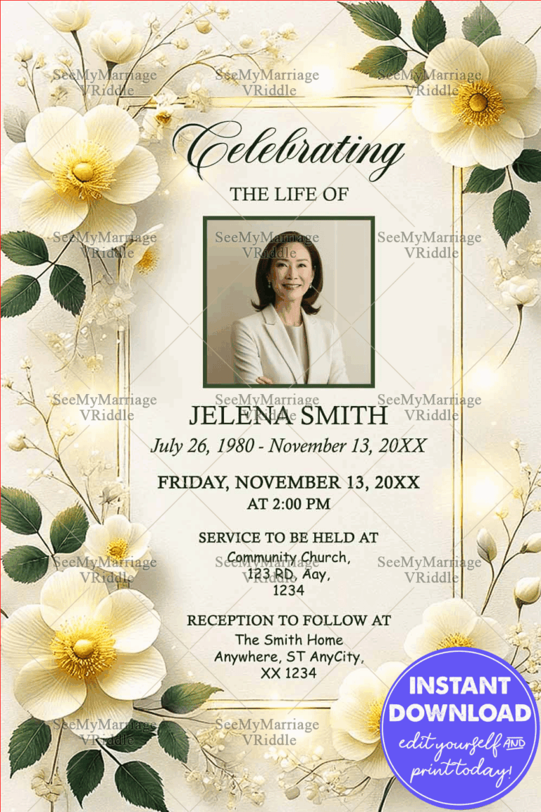 White and Yellow Floral Memorial Service Invitation with Gold Accents, and a Centered Tribute Photo Layout