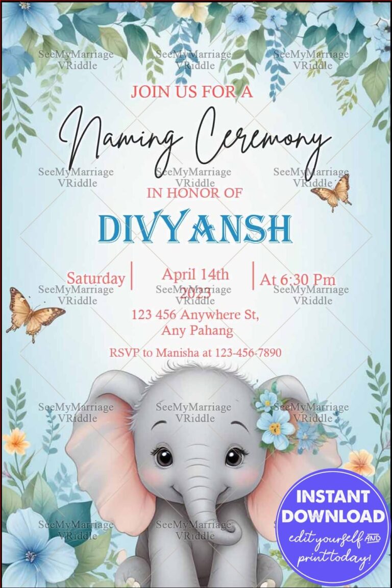 Winter-Themed Baby Naming Ceremony Invitation with Blue Floral Accents and an Adorable Elephant Illustration