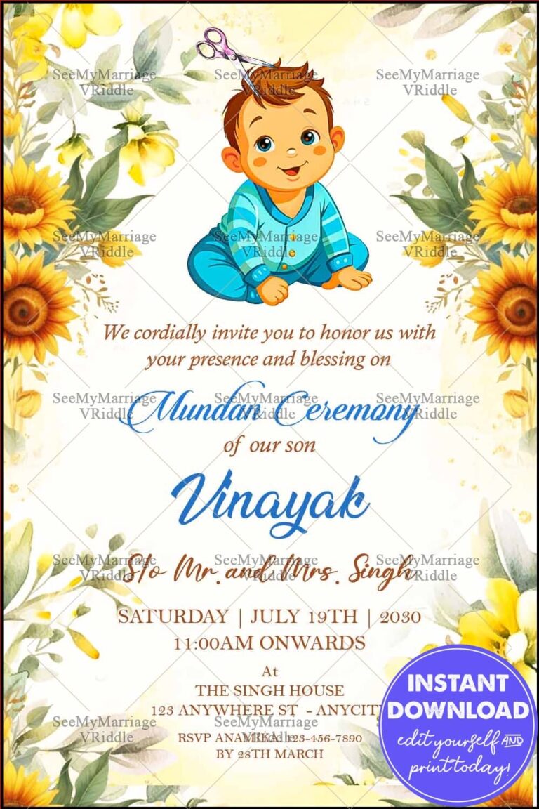 Yellow Floral Theme Mundan Ceremony Invitation with Baby Illustration on Light Background