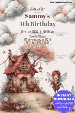 Fairy-Themed 4th Birthday Invitation with Cottage Illustration and Magical Garden Elements