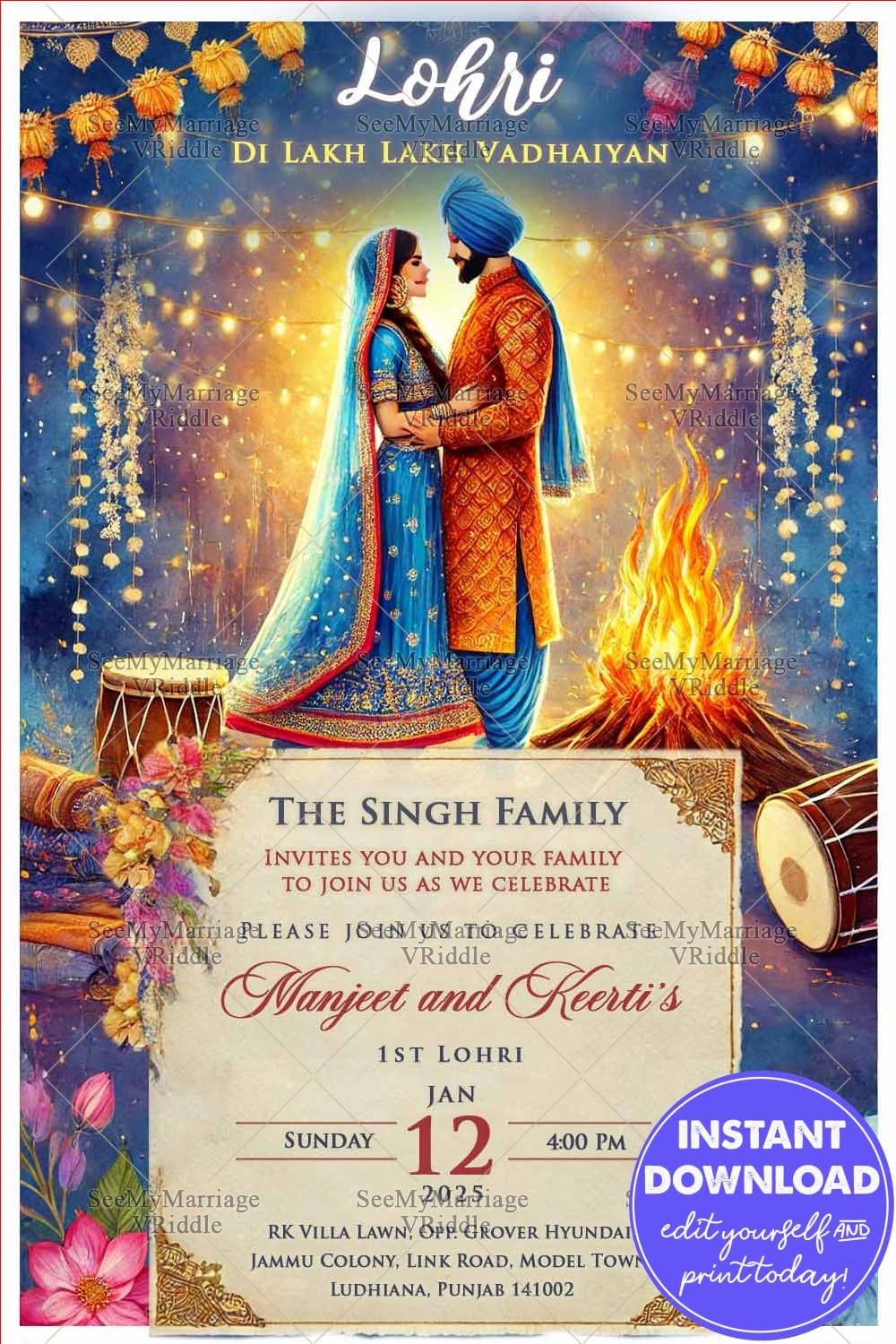 Sparkling Lohri Invitation with Couple Portrait & Bonfire