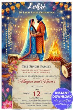 Sparkling Lohri Invitation with Couple Portrait & Bonfire
