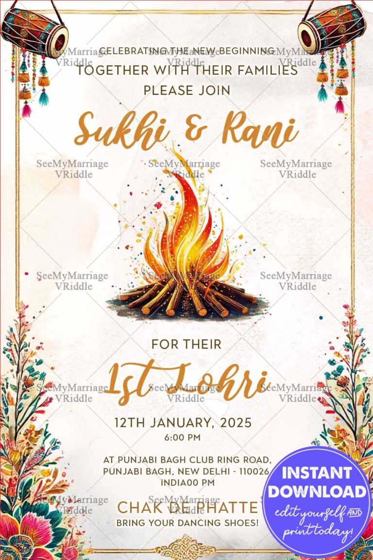 Elegant First Lohri Invitation With Bonfire & Floral Design