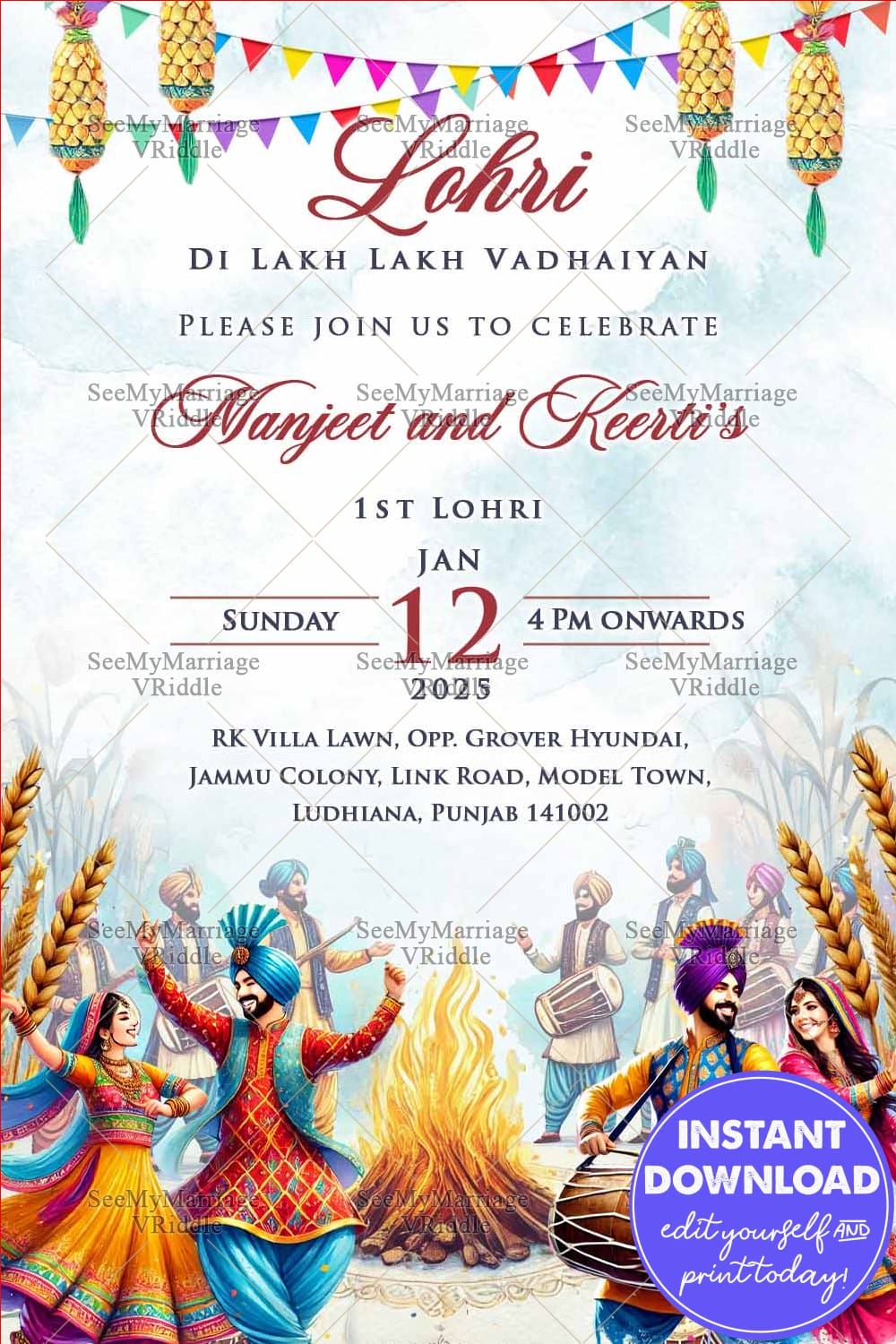 Dhol Beats Lohri Invitation with Traditional Dancers, Fire and Wheat Decor