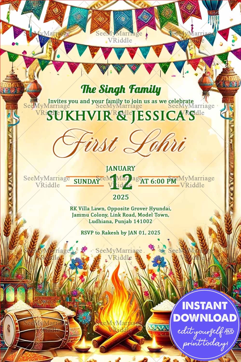 Festive Buntings Lohri Invitation with Harvest Elements, Vibrant Bonfire Theme and Dhol