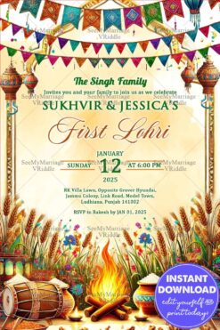 Festive Buntings Lohri Invitation with Harvest Elements, Vibrant Bonfire Theme and Dhol