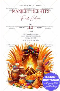 Traditional First Lohri Invitation Card with Vibrant Details & Festive Food