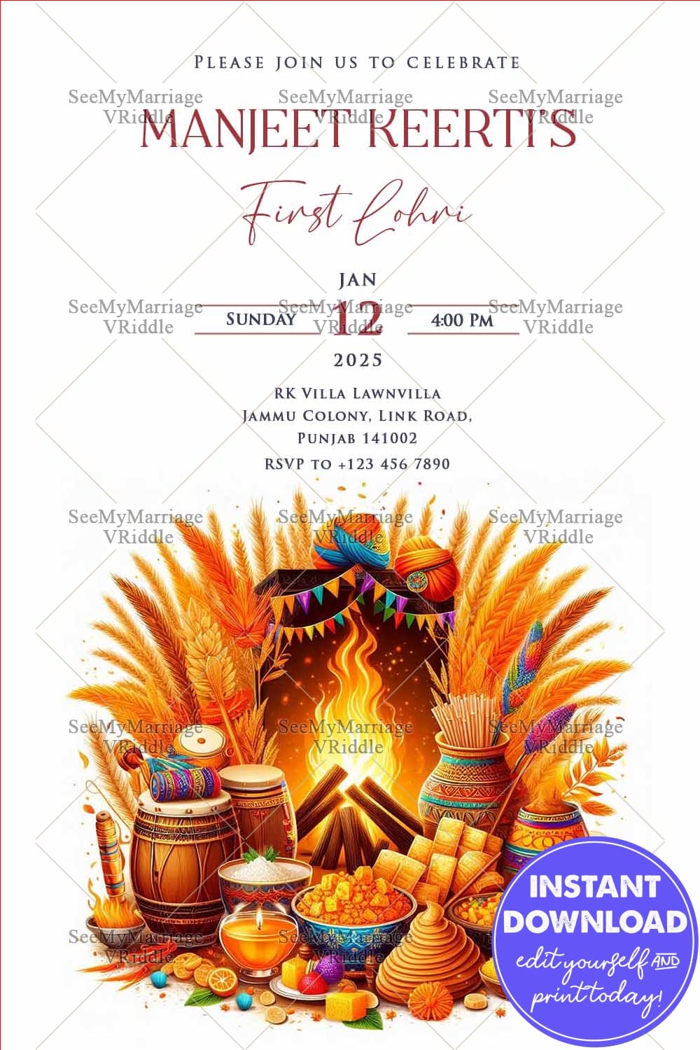 Traditional First Lohri Invitation Card with Vibrant Details & Festive Food