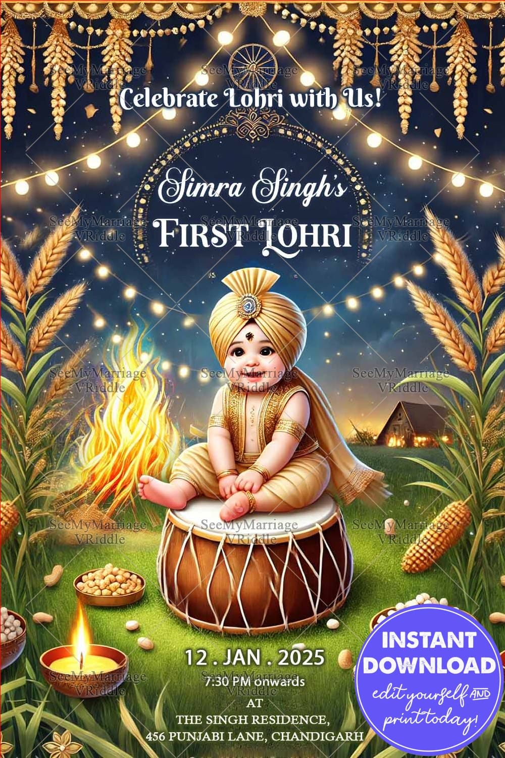 Golden Festive Lohri Invitation Card with Baby on Dhol and Bonfire Design, Harvest Decorations