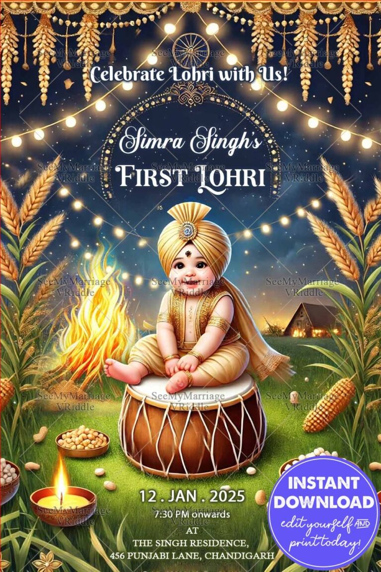 Golden Festive Lohri Invitation Card with Baby on Dhol and Bonfire Design, Harvest Decorations