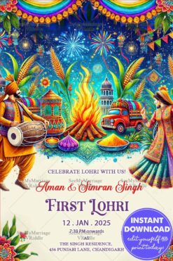 Vibrant Lohri Celebration Invitation - Festive Punjabi Theme with Bonfire, Dhol, and Fireworks