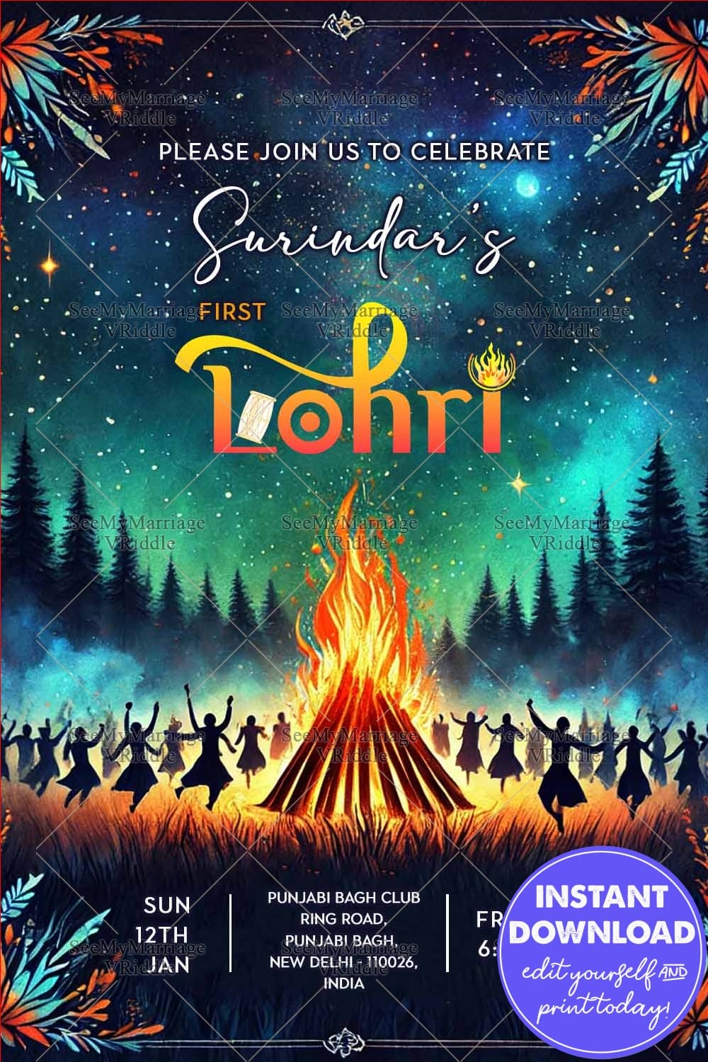 Vibrant Lohri Celebration Invitation with Festive Bonfire & Dance, Forest