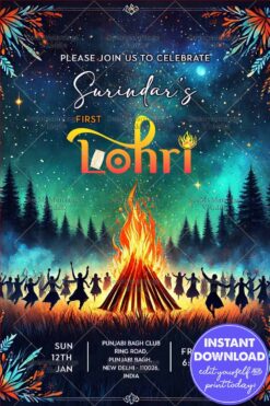 Vibrant Lohri Celebration Invitation with Festive Bonfire & Dance, Forest