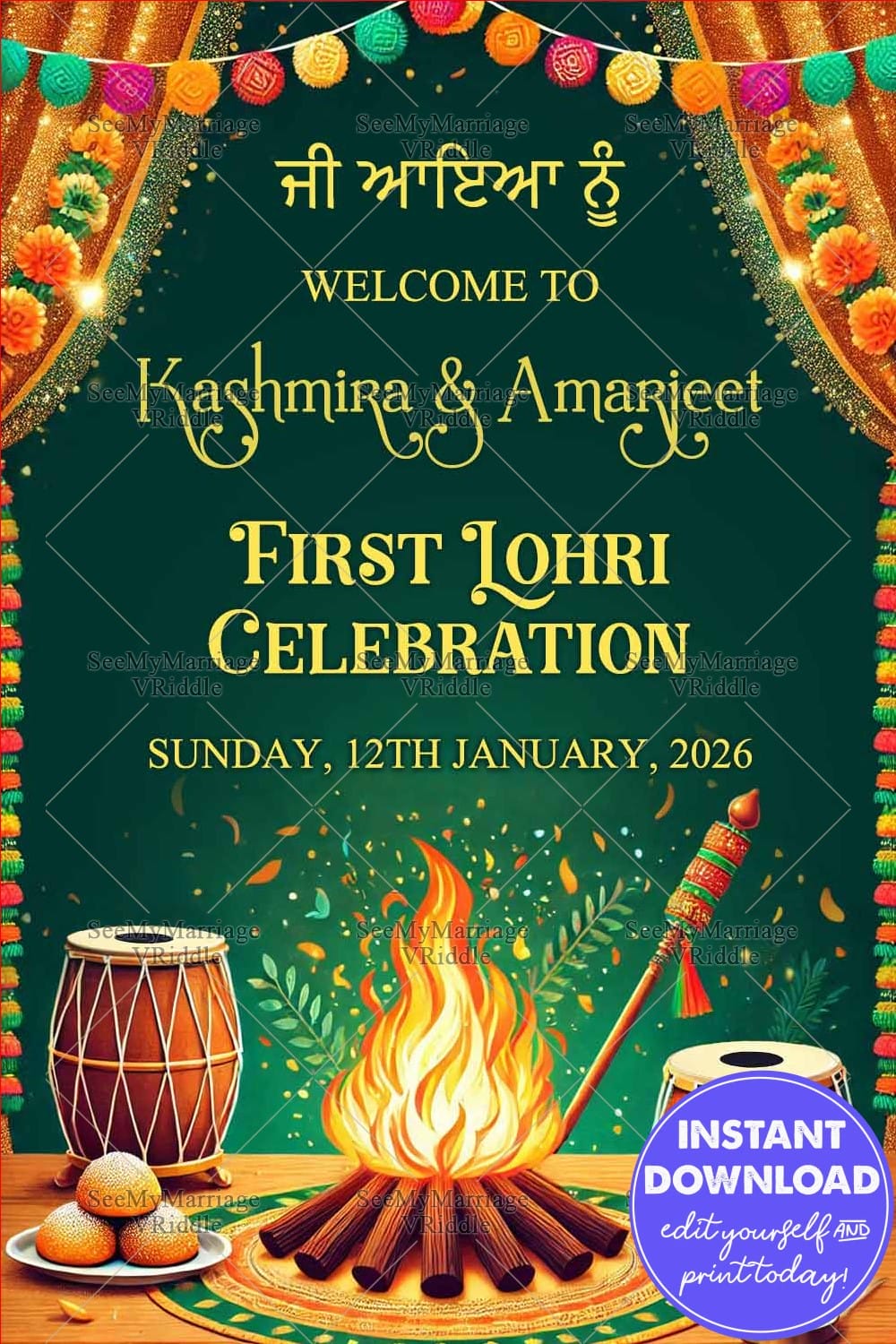 First Lohri Celebration Poster with Colorful Bonfire, Dhol and Decor