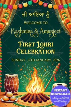 First Lohri Celebration Poster with Colorful Bonfire, Dhol and Decor