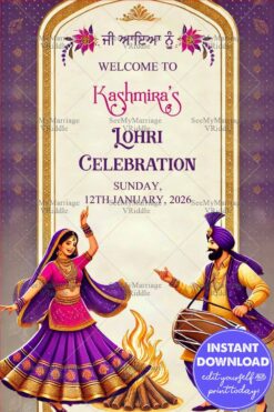 Elegant Lohri Poster with Dhol Art, Dance and Bonfire Theme