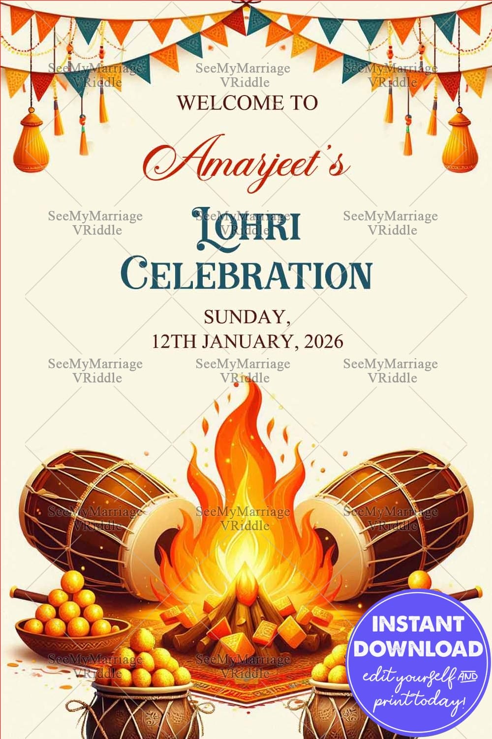 Traditional Lohri Bonfire Celebration Poster and Sweets Theme