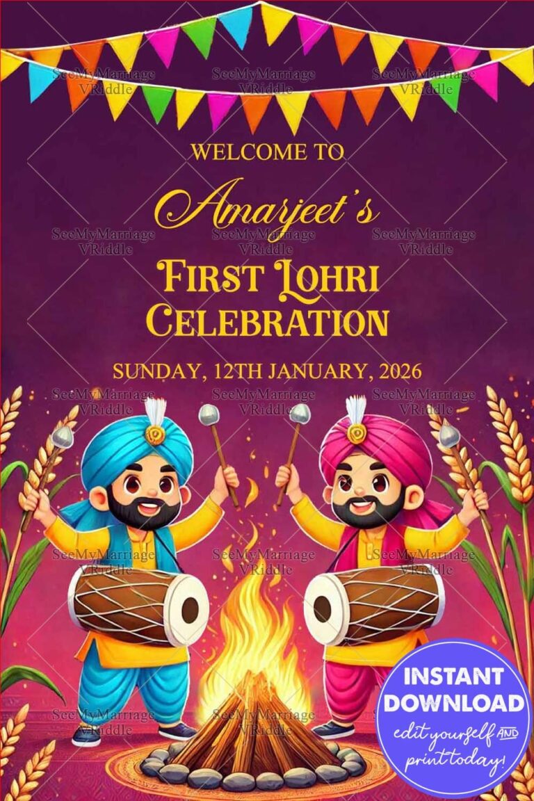 Animated Dhol Players Lohri Poster with Warm Bonfire Design