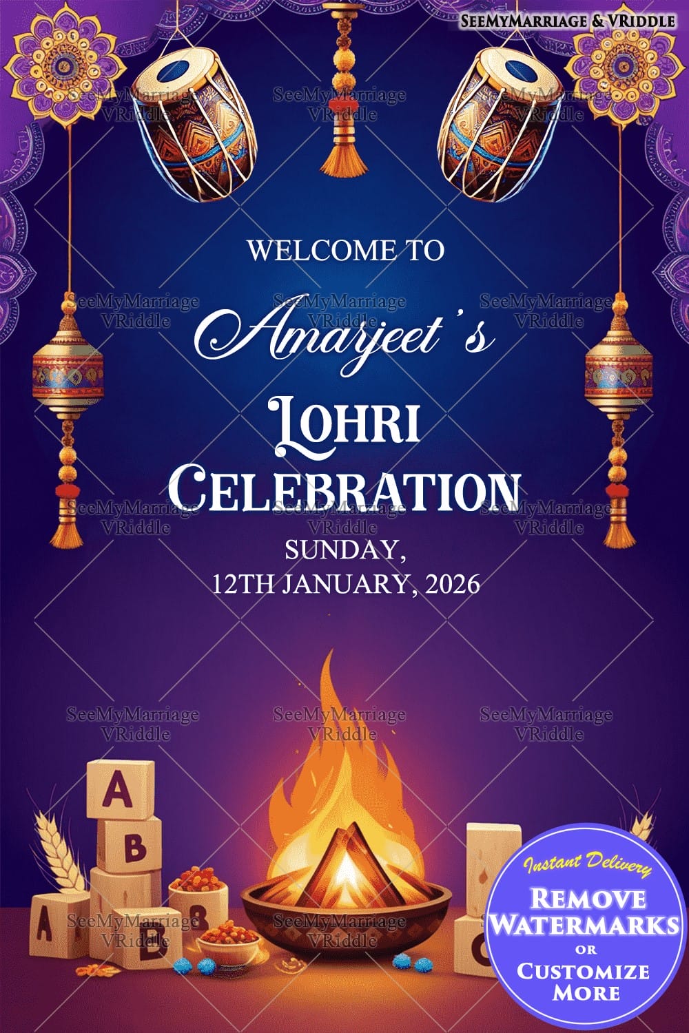 Playful Lohri Poster with Blocks, Teddy Bear and Bonfire