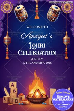 Playful Lohri Poster with Blocks, Teddy Bear and Bonfire