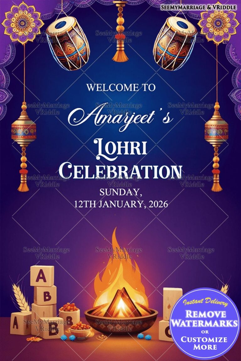 Playful Lohri Poster with Blocks, Teddy Bear and Bonfire