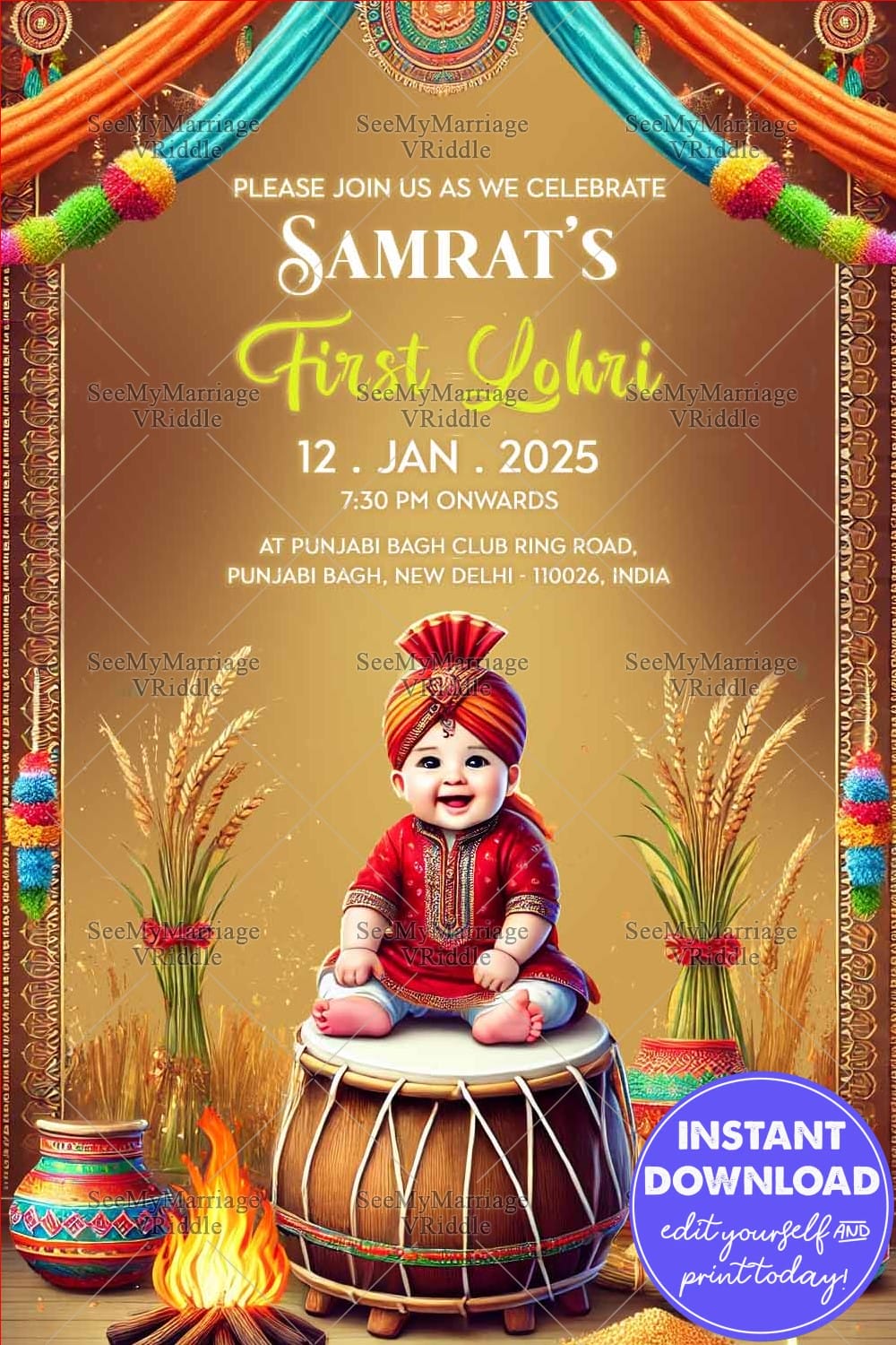 Cute Lohri Invitation with Baby Boy Highlight and Harvest Elements