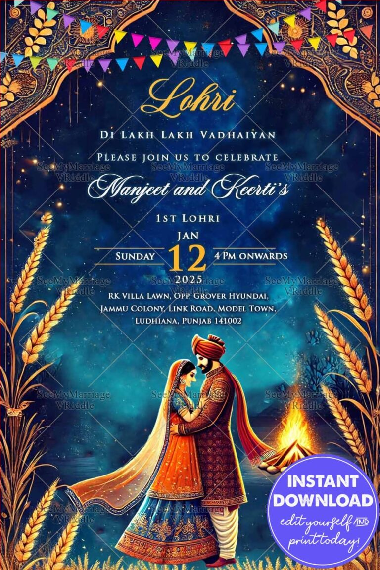 Festive Lohri Invite with Romantic Couple, Bonfire, and Starry Backdrop