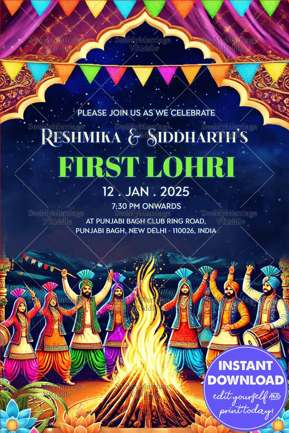 Joyful Lohri Invitation Card with Bonfire & Punjabi Theme