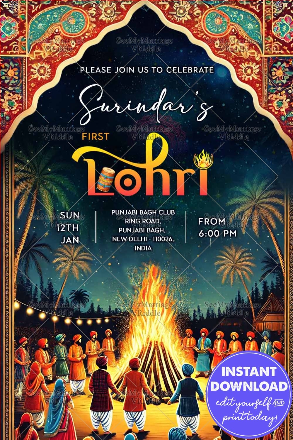 Lively Lohri Invitation with Bonfire Gathering Under Starry Night