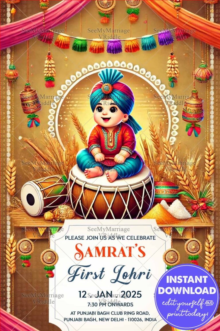 Cheerful Lohri Invitation with Baby’s First Festival, Dhol and Harvest Decor