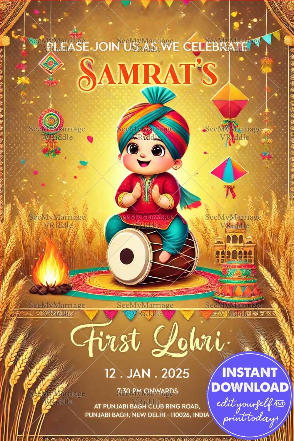 Playful Lohri Invitation with Festive Baby Theme with Kites and Bonfire